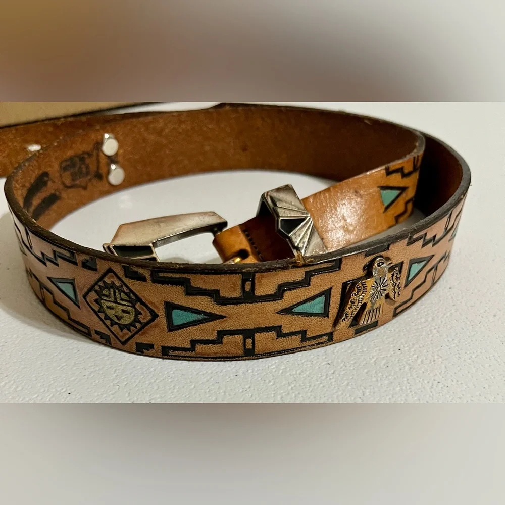 Native American Southwestern Style Tan Leather Belt with Silver Buckle - Picture 7 of 15